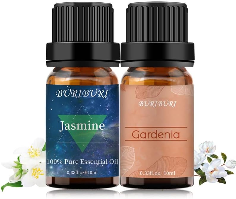 Jasmine Oil and Gardenia Essential Oils Gift Set, 100% Pure, Undiluted, Natural, Organic Aromatherapy Jasmine Essential Oils for Diffuser, Massage, 10MLx2 Jasmine+Gardenia 0.33 Fl Oz (Pack of 2)