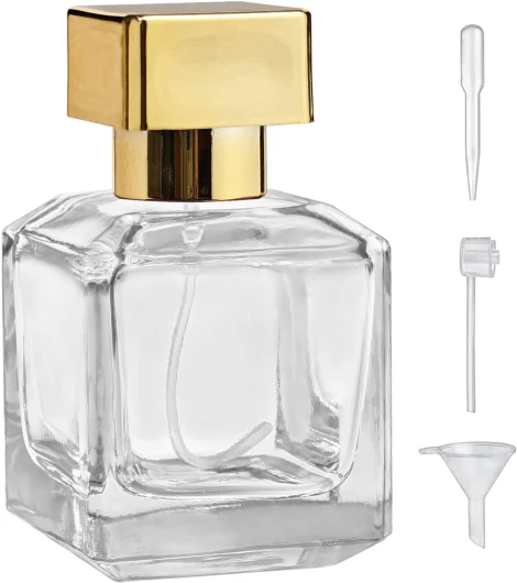 50ml/1.7 Oz Glass Spray Bottle Perfume Atomizer,Glass Perfume Square Refillable Spray Bottle Empty with 3 Kinds of Dispenser (Clear)