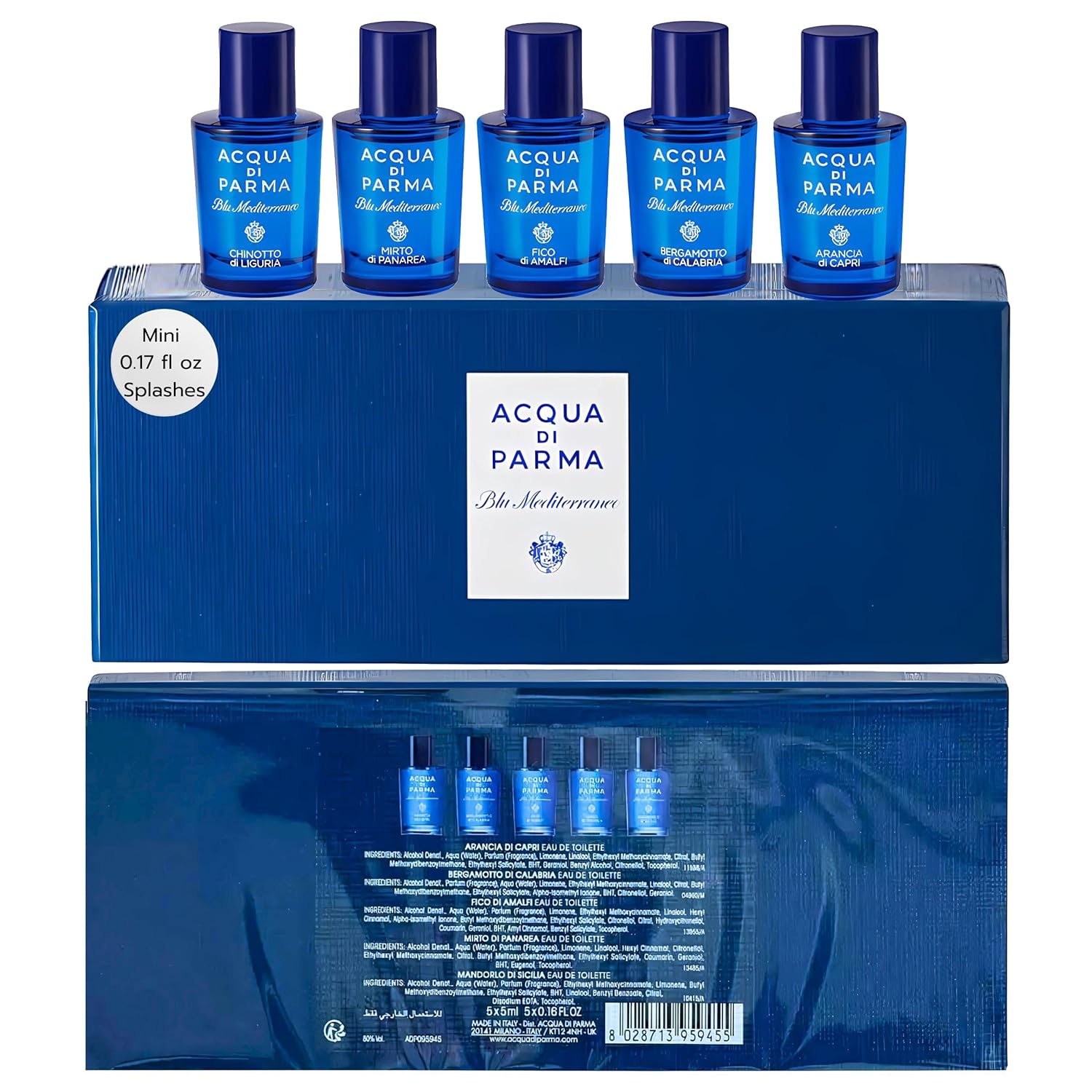 Acqua Di Parma Perfume Gift Set Blue Mediterraneo Variety Mini Splashes Arancia, Bergamotto, Fico, Mirto, Mandorlo di Liguria