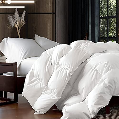 Luxurious King/California King Size Goose Down Fiber Waterfowl Feather Fiber Comforter Duvet, 100% Egyptian Cotton Cover, 58 oz - Fill Weight, Baffle Box Design, White Solid