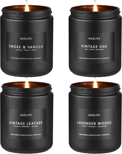 Scented Candles Set - Men Candle Set, Scented Candles for Home, Gifts for Men Aromatherapy Gift Set - 4 Pack Manly Gifts for Dad Fathers Day, Soy Candle of Leather/Smoke & Vanilla/Oak/Lavender Leather/Smoke & Vanilla/Oak/Lavender Pack of 4