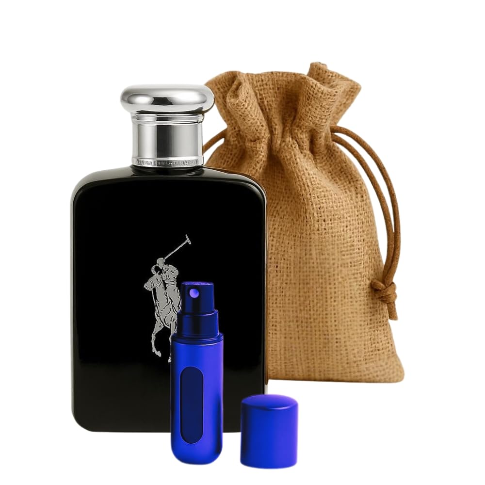 Bundle- Cologne For Men Polo Black Eau de Toilette 4.2 Oz with Burlap Bag & 5ml Mini Refillable Atomiser