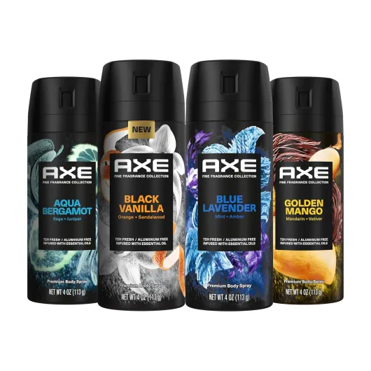 Fine Fragrance Collection Premium Deodorant Body Spray for Men - Variety Pack - Blue Lavender, Aqua Bergamot, Golden Mango, & Black Vanilla - Pack of 4 72H Odor Protection, Aluminum Free, 4 oz