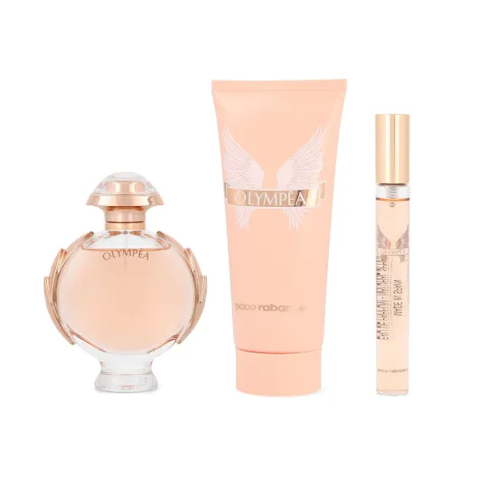 Paco Rabanne Olympea 3-Piece Set for Women, (2.7 Oz Eau De Parfum Spray + 3.4 Oz Body Lotion + 0.33 Oz Eau De Parfum Travel Spray) 2.15 Fl Oz (Pack of 3)
