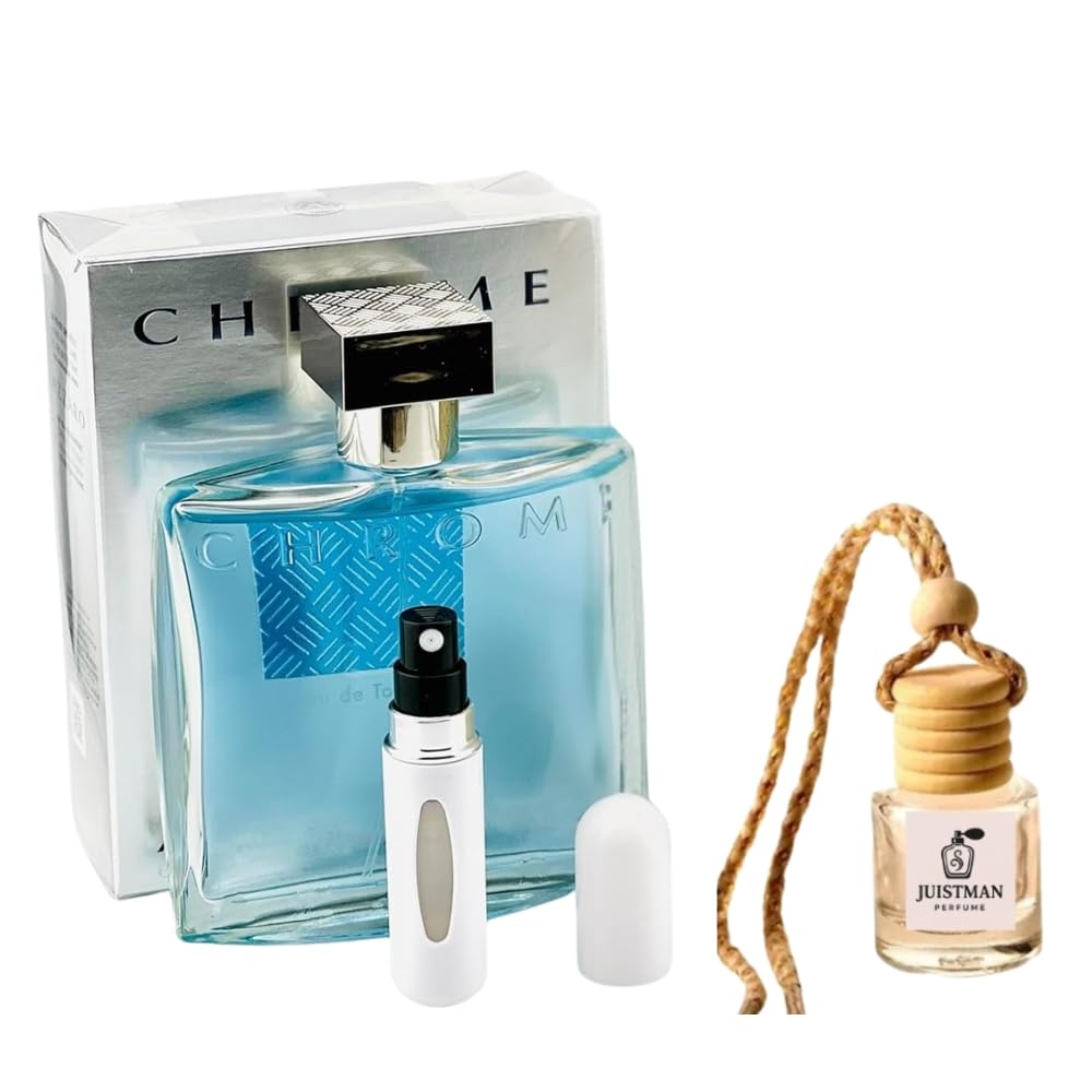 Bundle- Chrome Cologne Eau de Toilette 6.7 OZ with 5ml Refillable Perfume Atomiser and Hanging Car Smells