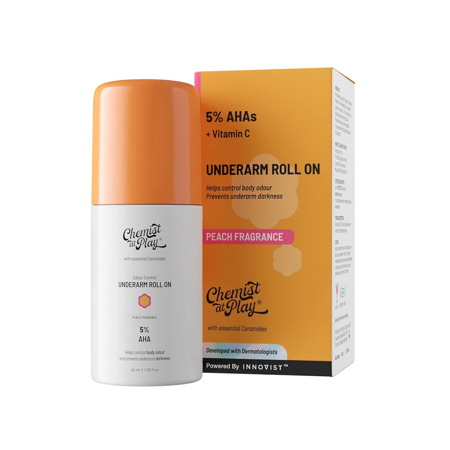 UnderArm Roll-On with 5% AHA- Lactic & Mandelic Acid-Prevents Odour, Brightens Skin & Exfoliates Underarm - For Sensitive Skin - Peach Fragrance - Alcohol & Aluminium Free - 1.35 fl oz 1.35 Fl Oz (Pack of 1) Peach