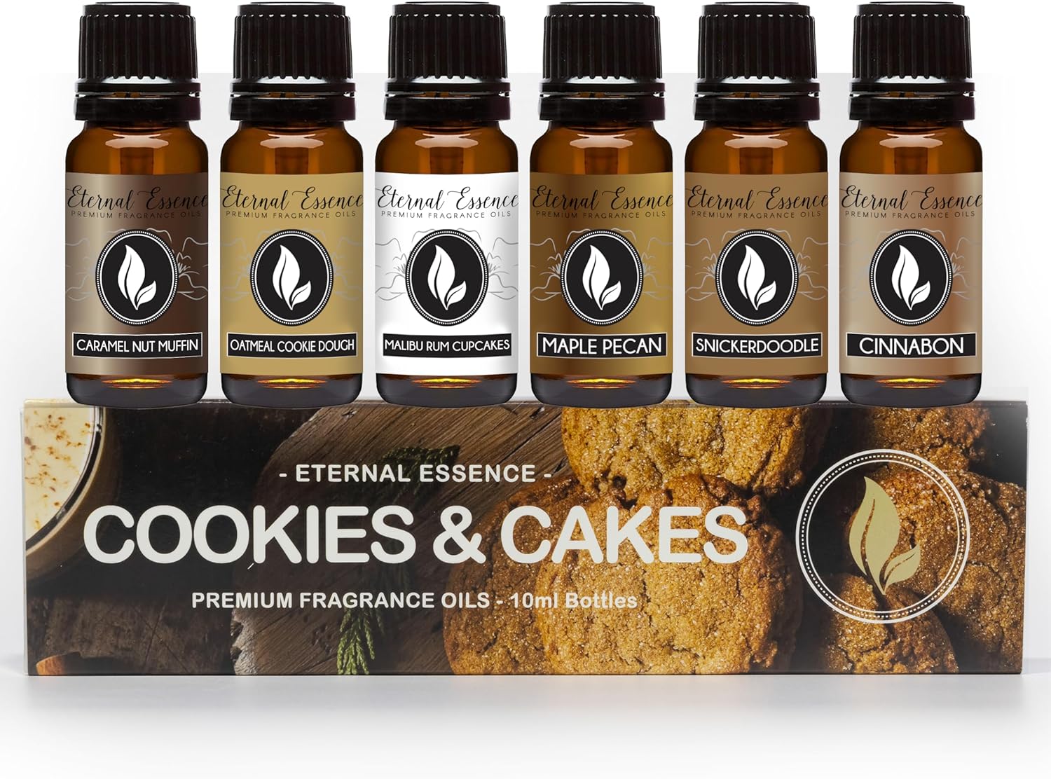 Cookies & Cakes Set of 6 Premium Fragrance Oils - Includes Caramel Nut Muffin, Oatmeal Cookie Dough, Malibu Rum Cupcakes, Maple Pecan, Snickerdoodle, and Cinnabon - 10ML