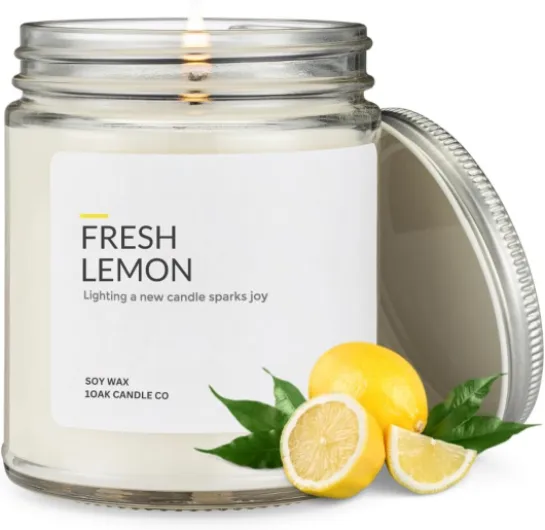 Soy Wax Fresh Lemon Candle - Citrus Candles for Home, Kitchen, & Summer - Fruity Candles Scented - Long Burning Premium - Hand-Poured (7oz.) Clear Jar (7oz) Fresh Lemon