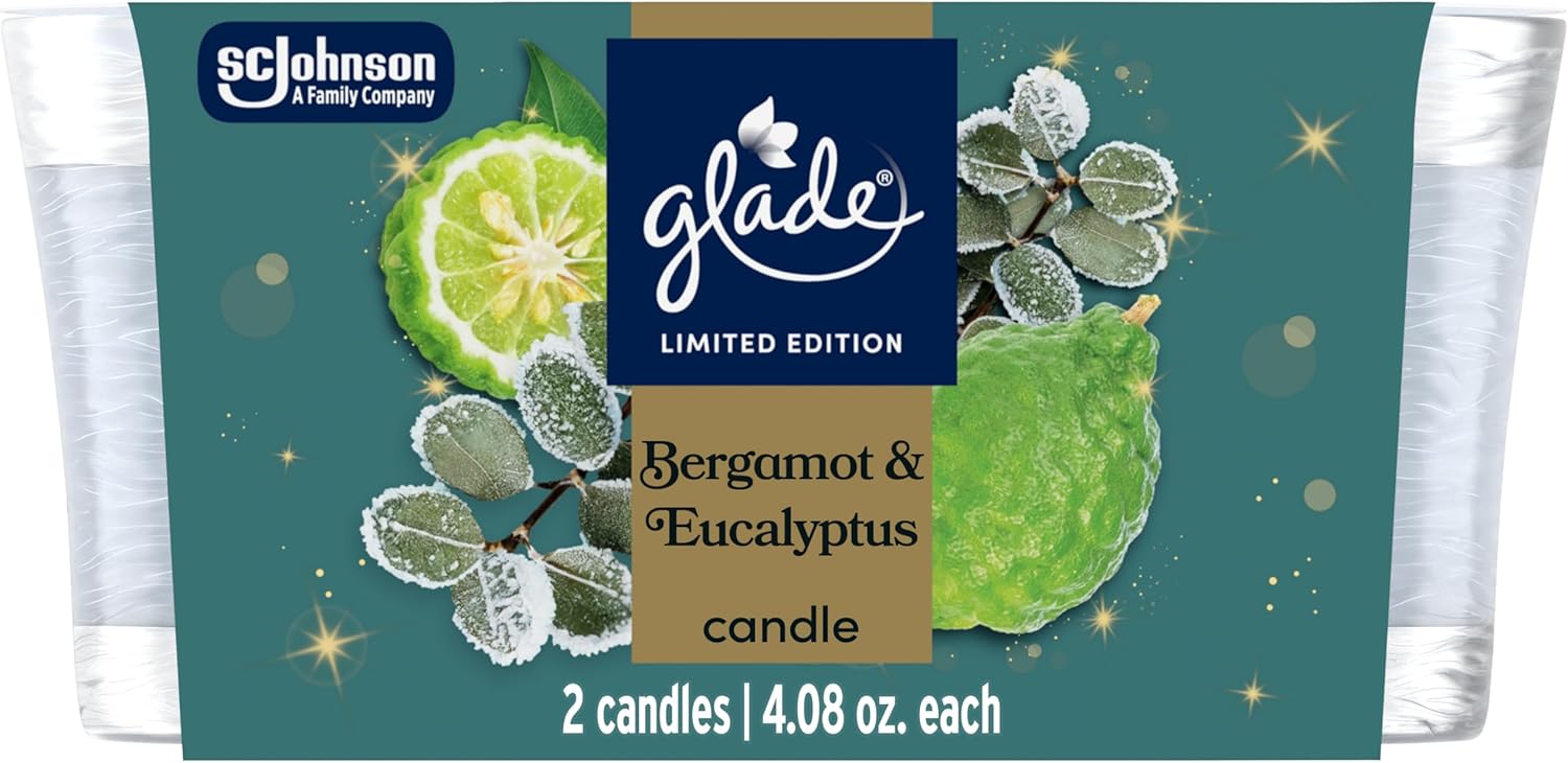 1-Wick Scented Candle Jar, Bergamot & Eucalyptus, Air Freshener Infused with Essential Oils, 4.08 Oz, 2 Count