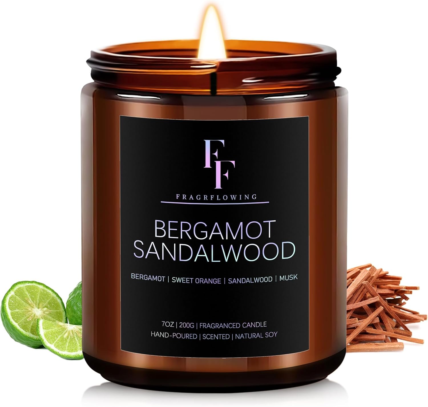 Bergamot Sandalwood Candle, Scented Candle for Home Soy Wax Candle, Aromatherapy Candle Gift for Women Men, 7oz