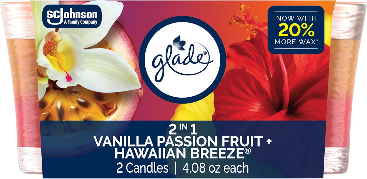 1-Wick 2in1 Scented Candle Jar, Hawaiian Breeze & Vanilla Passion Fruit, Air Freshener Infused with Essential Oils, 4.08 Oz, 2 Count