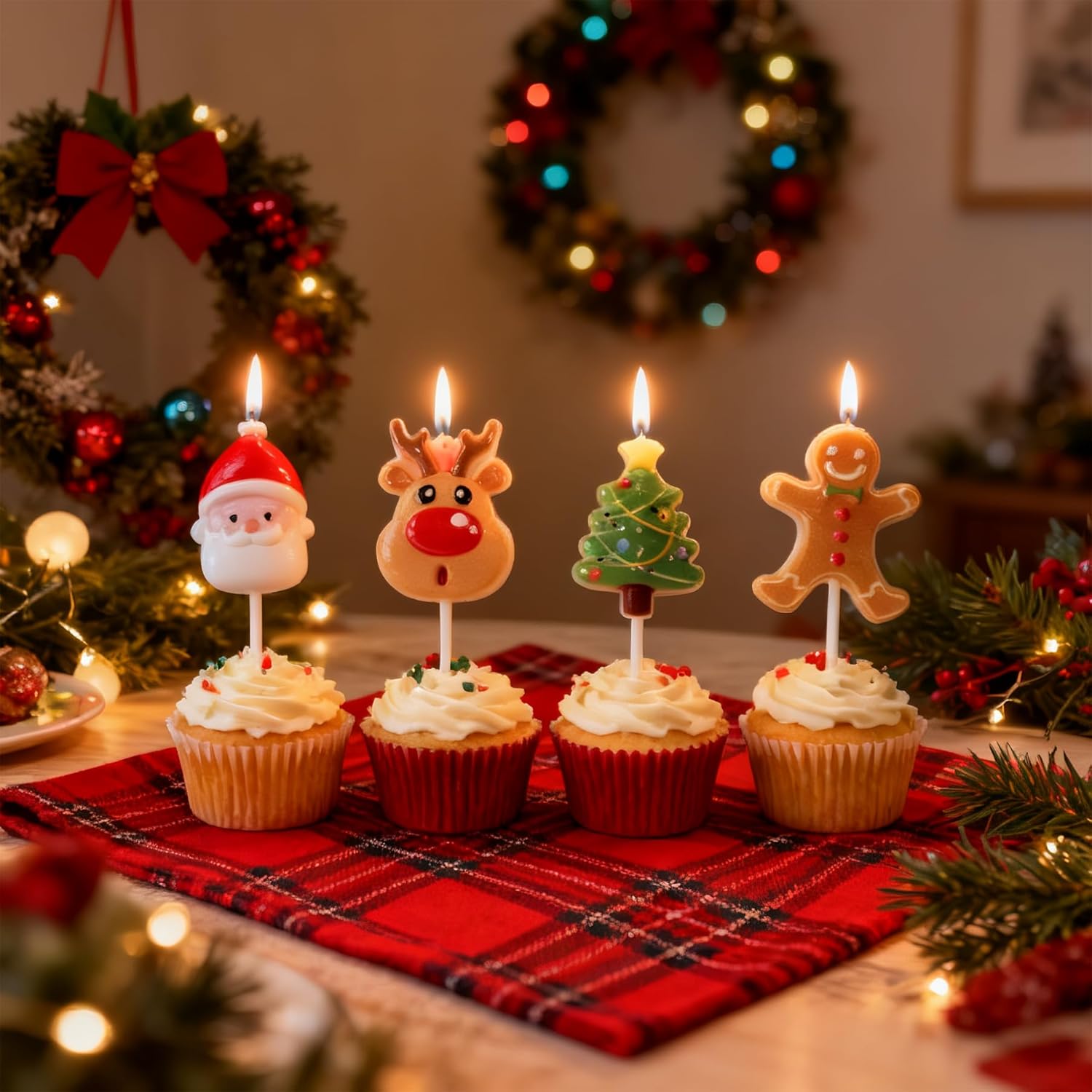 Christmas Cake Candles Set,4 PCS Adorable Festive Santa,Tree, Gingerbread & Reindeer Toppers for Cakes,Cupcakes & Wedding Desserts,Funny Children X-mas Candle Ornament,Party Supplies