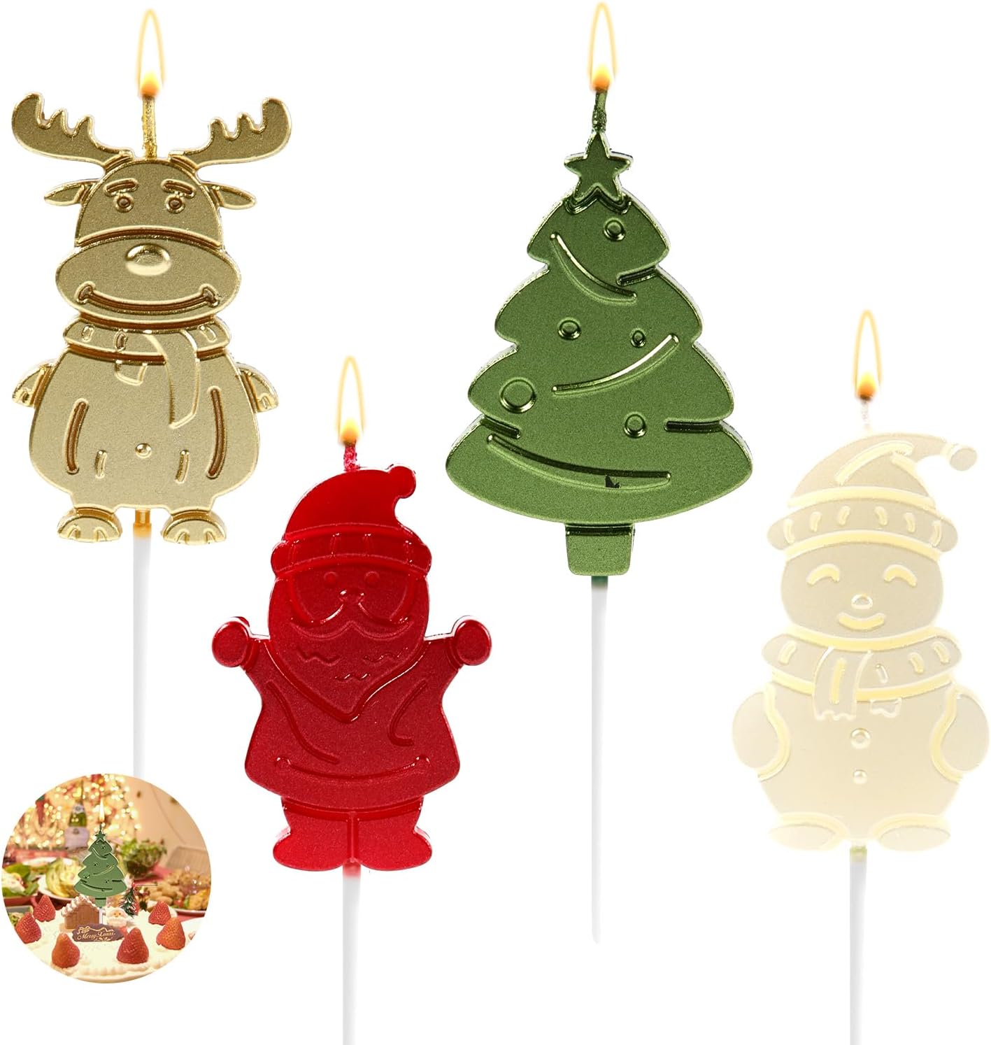 4pcs Christmas Themed Candles, 2.56" in Candle Length Christmas Cake Candles Elk Snowman Xmas Tree Santa Claus Shaped Birthday Cake Candles for Winter Holiday Party Home Gathering