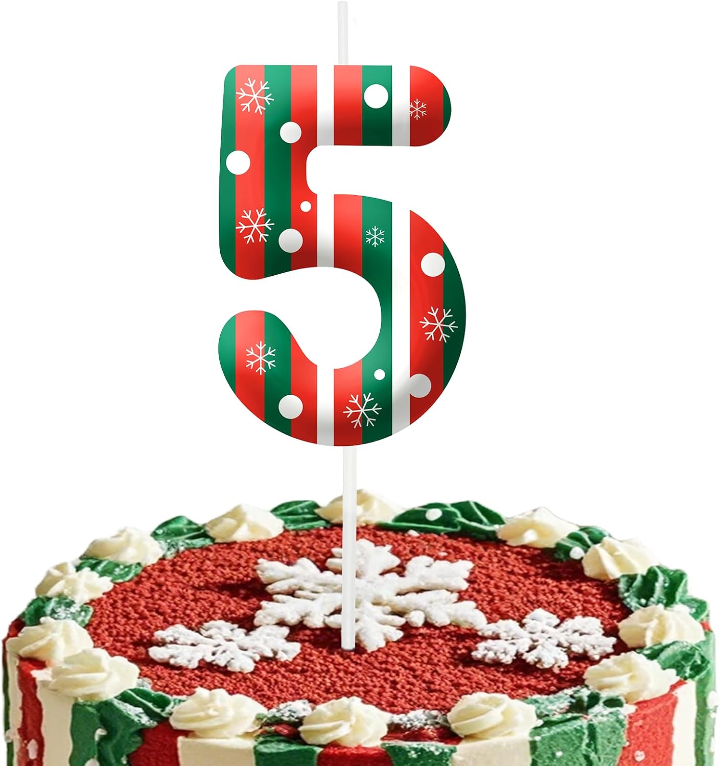 Christmas Themed Birthday Candles for Cake, Number 5th Candle, Happy Birthday Cake Topper for Boys Girls, Christmas Birthday Party Decorations Supplies Gifts Christmas Ribbon 5