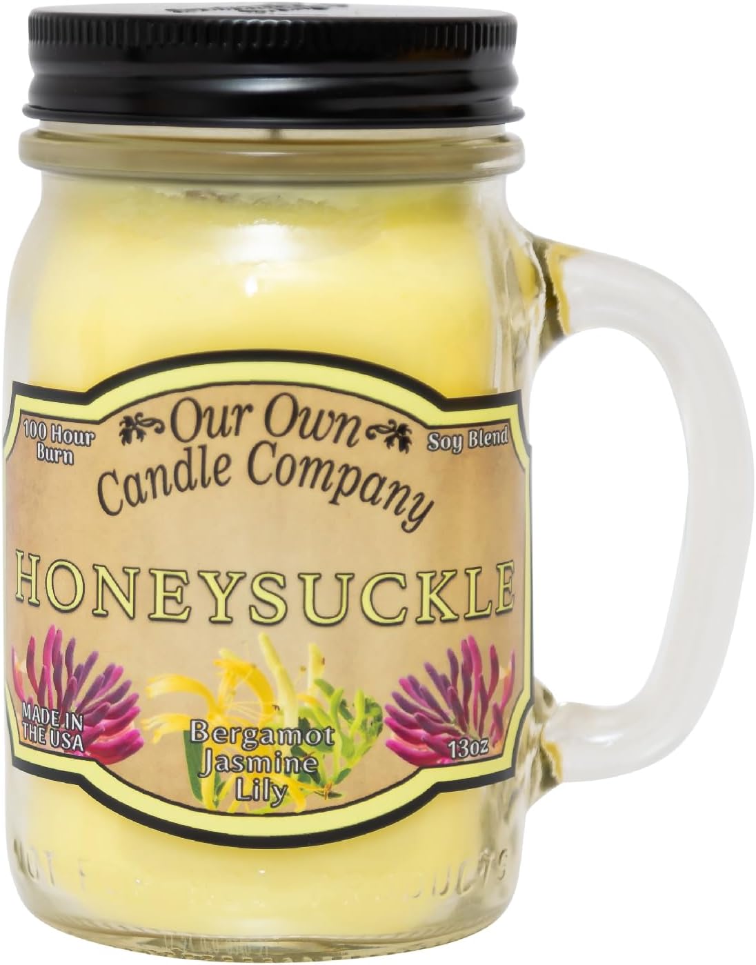 , Honeysuckle Scented Mason Jar Candle, 100 Hour Burn Time, 13 Ounces