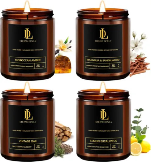 Scented Candles Set, Soy Candles for Home Scented, 4 Pack 28oz Candle Gifts for Men Women, Scents of Magnolia & Sandalwood/Moroccan Amber/Lemon Eucalyptus/Vintage Oak Lemon Eucalyptus/Amber/Magnolia Sandalwood/Oak 4 Pack