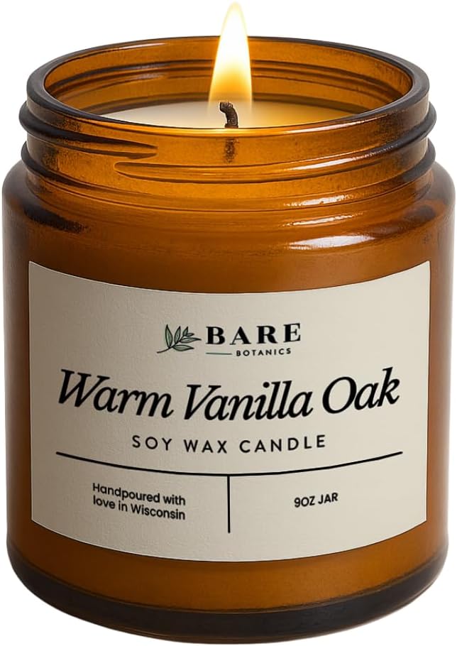 Warm Vanilla Oak 9oz Soy Candle - 100% Plant-Based Fragrance Oils - Premium, Non-Toxic Candle - Softly Scented Natural Soy Wax - Handpoured in WI - 40 Hrs Long Burning & Ready to Gift