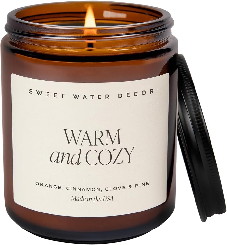 Warm and Cozy Soy Candle - Orange Peel, Cinnamon, Ginger and Clove Scented Candles for Home - 9oz Amber Jar + Black Lid, 40+ Hour Burn Time, Made in The USA Warm + Cozy Tan Label