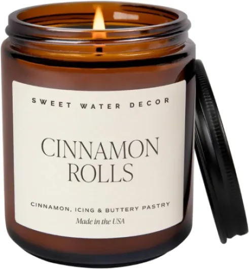 Cinnamon Roll Candle - Fall Candle with Cinnamon, Icing & Buttery Pastry for Home - Soy Candles with 40 Hours Burn Time - 9Oz Black Lid Amber Jar Holiday Scents Cinnamon Rolls Tan Label