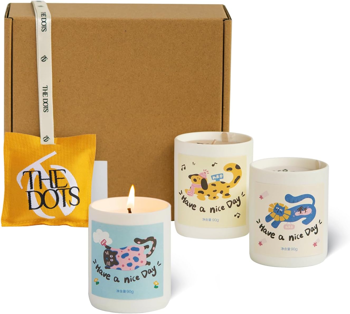KRD Series Cute Scented Candles & Hanging Freshener Gift Set, 3 Ceramic Jar Candles with Pet Stickers, 1 Ribbon Sachet, 4 Scents for Home & Car Coconut Lychee/Mint Tea/Tomato/Sicilian Orange