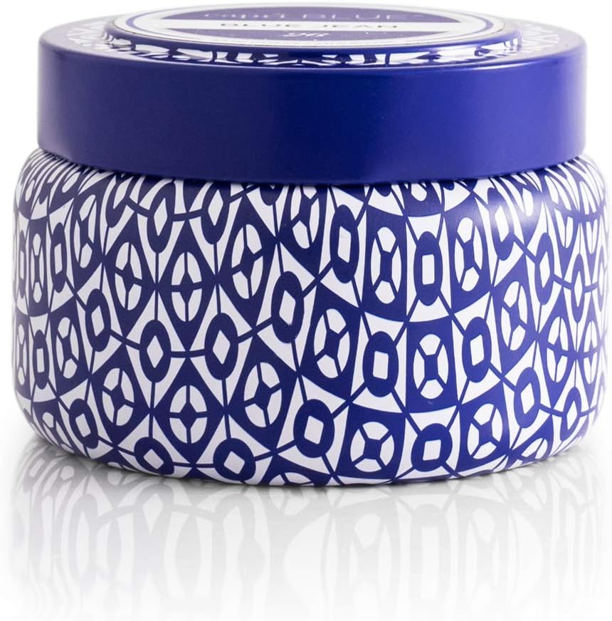 Volcano Printed Travel Tin Jar Candle - Luxury Candle with a Long Lasting Soy Wax Blend - Scented with Tropical & Fruity Fragrance (Blue Color, 8.5 oz) Cobalt Blue