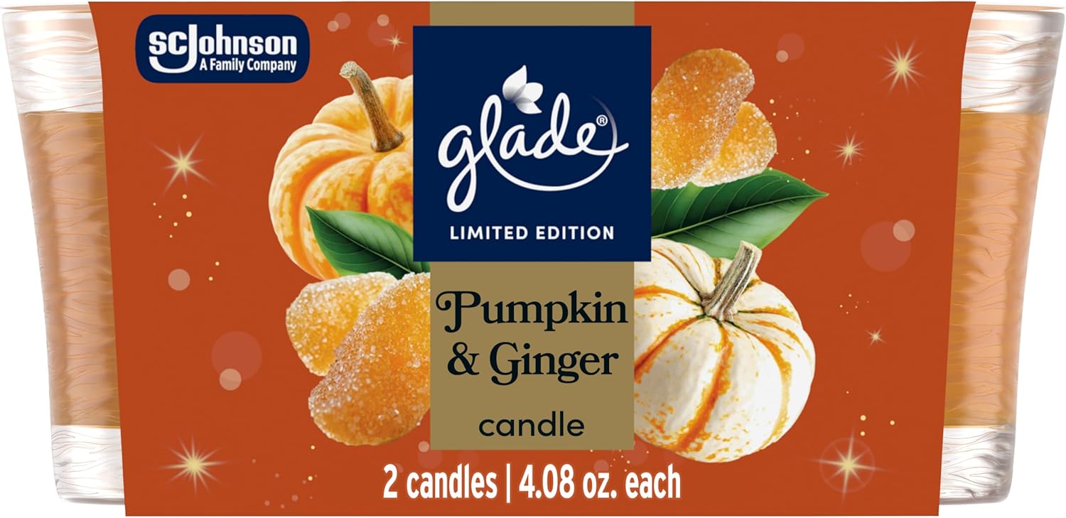 1-Wick Scented Candle Jar, Pumpkin & Ginger, Air Freshener Infused with Essential Oils, 4.08 Oz, 2 Count