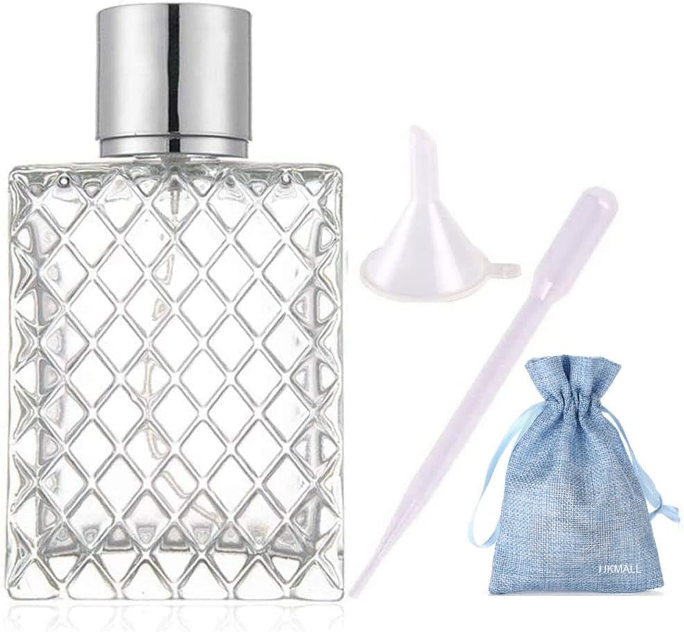 100ML 3.4oz Glass Spray Bottles for Essential Oils, Perfumes, Empty Clear Mist Spray Bottle with Silver Aluminum Sprayer - (1Pack) 1pc Funnel Filler 1PC 3ml Dropper 1pc Storage Gift Bag