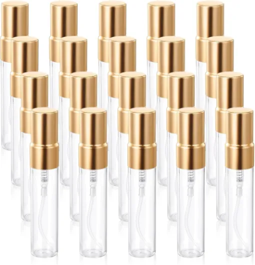 20 Pack 5ml Atomizer Glass Spray Bottles Mini Spray Bottles Glass Perfume Bottle Decant Bottles Gold Mini Sample Bottle Small Tiny Spray Bottle Refillable Mist Travel Sprayer