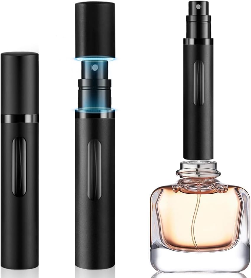 8ml Perfume Atomizer Travel Refillable,Mini Cologne Dispenser, Bottom-Filling Fragrances Perfumes Bottle,Portable Sprayer Pocket Size for Women Men Cruise Car Trip Gift 2pcs (Black-Black)