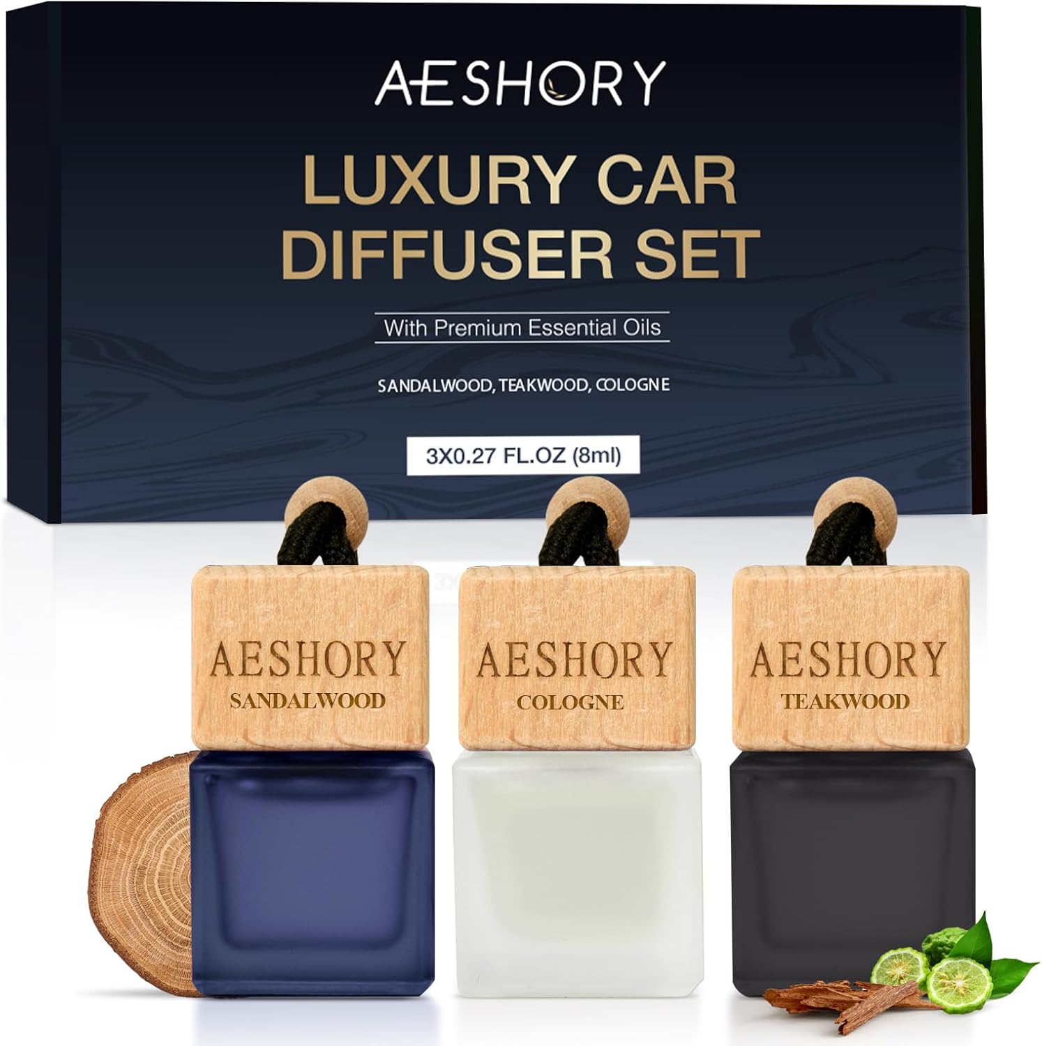 Car Air Freshener Hanging 3 Pack – Wood Car Freshener - Sandalwood & Teakwood & Cologne Scents,Car Fresheners Long Lasting Up to 60 Days, Car Air Freshener Men,0.27 FL OZ/8ML