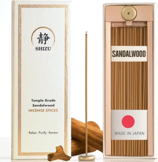 Shizu Sandalwood Incense Sticks – Temple Grade Japanese Incense with Brass Holder – Calming Scent for Relaxation, Meditation & Home Spa, Elegant Gift Set (60 Sticks)