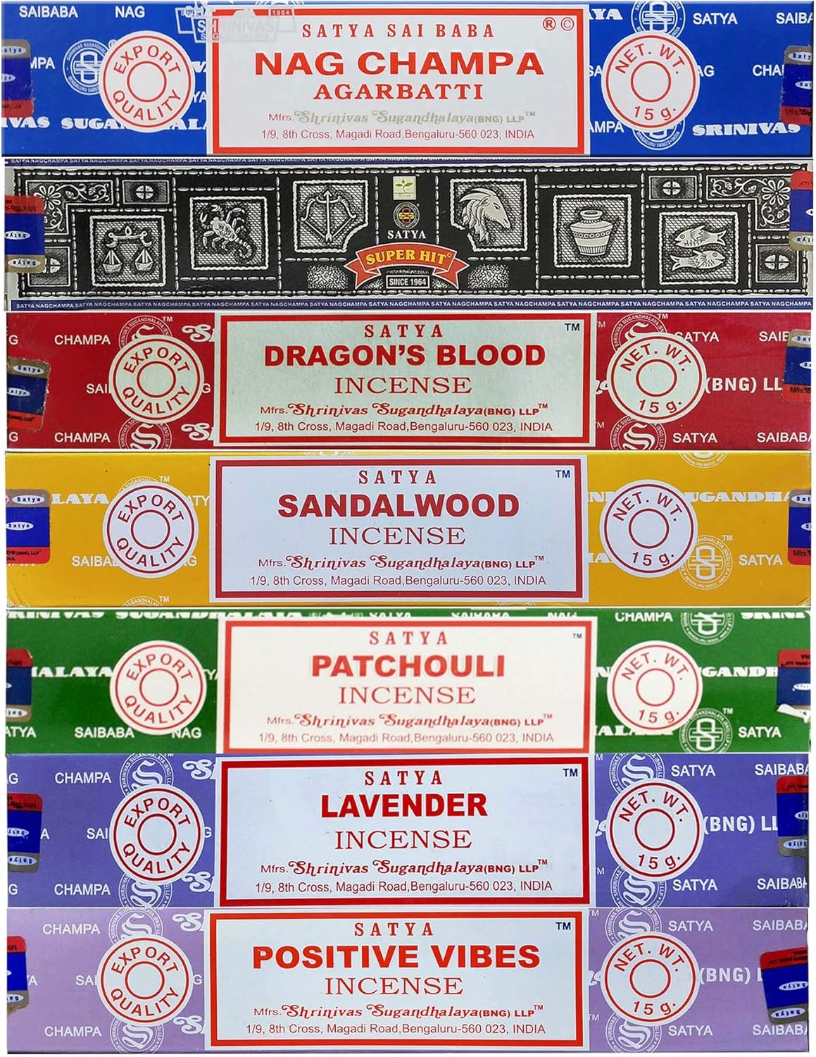 Satya Incense Gift Set Nag Champa, Super hit, Dragon's Blood, Sandalwood, Patchouli, Lavender, Positive Vibes, 15 g Floral