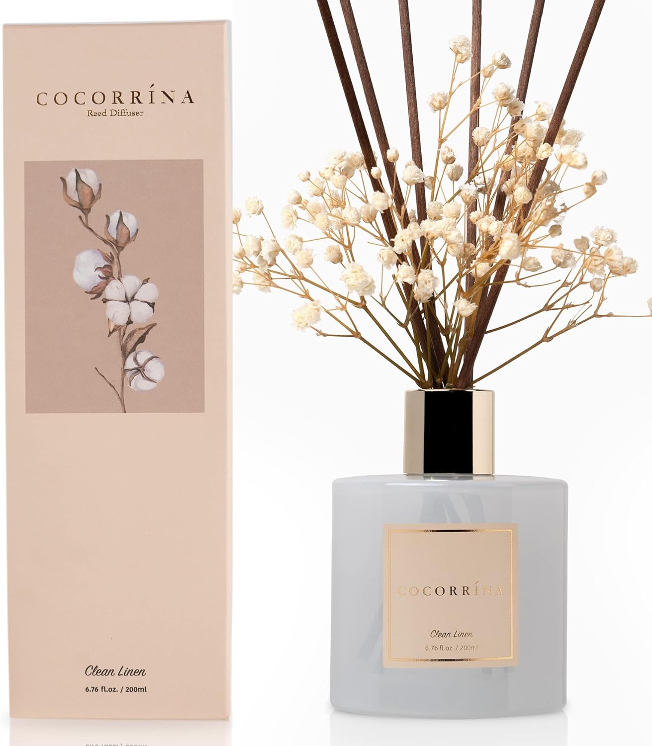 Cocorrína Reed Diffuser Set, Clean Linen 6.7 fl oz Scented Diffuser with Sticks Home Fragrance Reed Diffuser for Bathroom Shelf Decor Clean Linen Flower/6.7 Ounce/1pack