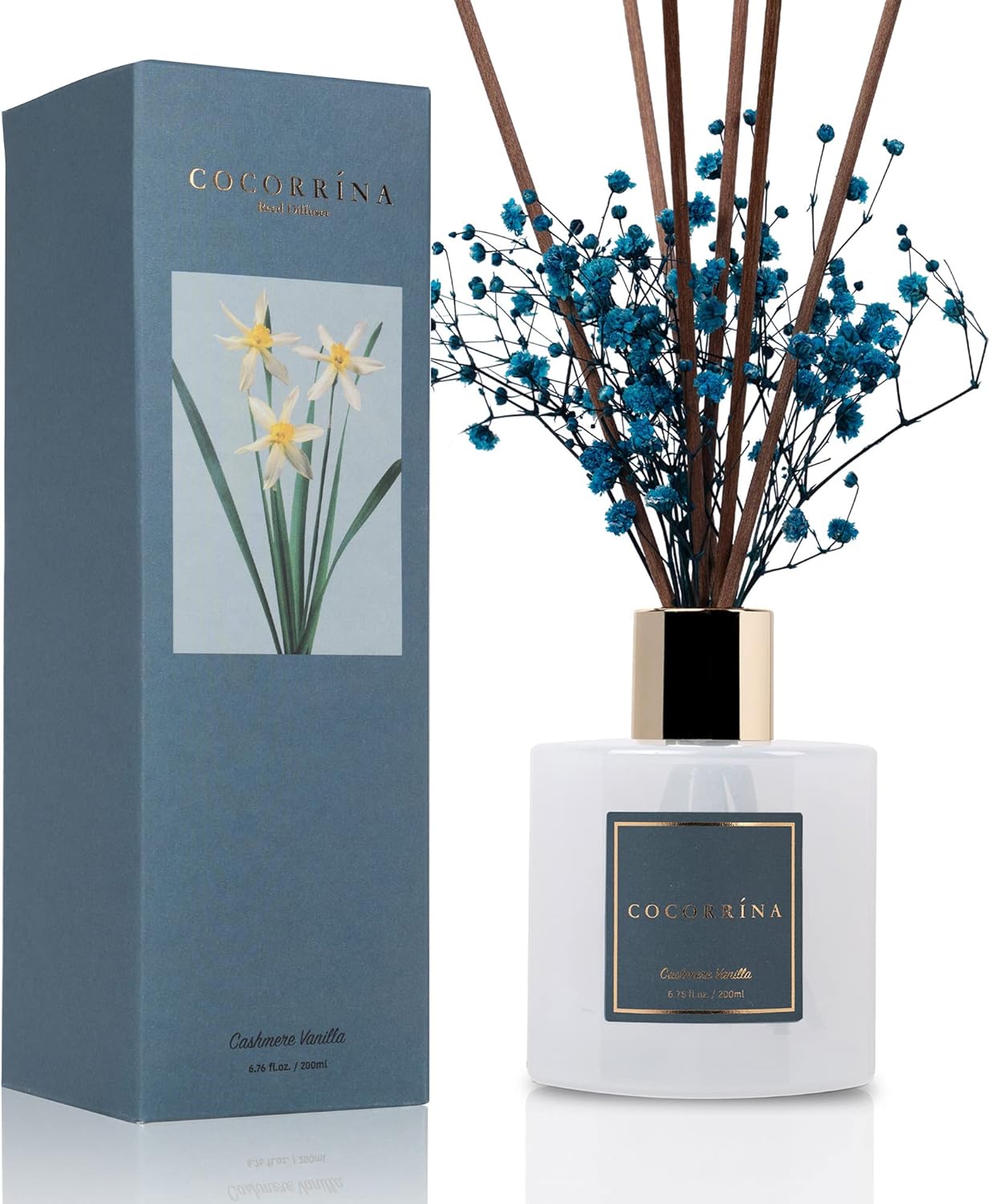 Cocorrína Premium Reed Diffuser Set with Preserved Baby's Breath & Cotton Stick Cashmere Vanilla - 6.7 fl oz Scent Fragrance Oil Diffuser for Bedroom Bathroom Home Décor Cashmere Vanilla Flower/6.7 Ounce/1pack