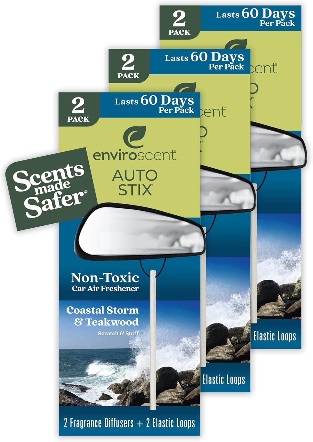 Non-Toxic Car Air Freshener (Coastal Storm & Teakwood) Natural Car Air Freshener - Essential Oil Diffuser - Car Scent Lasting Over 180 Days - 3 Packs of 2 Hanging Auto Stix Coastal Storm + Teakwood