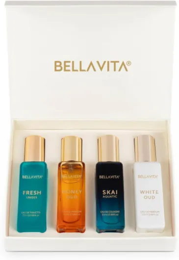 BellaVita Luxury Unisex Cologne Gift Set (4x20ml) - Fragrances Includes Honey OUD, SKAI, FRESH & White OUD - Travel Size Mini Perfumes & Spicy Vanilla Perfume Oil - Unisex Perfume for Women & Men