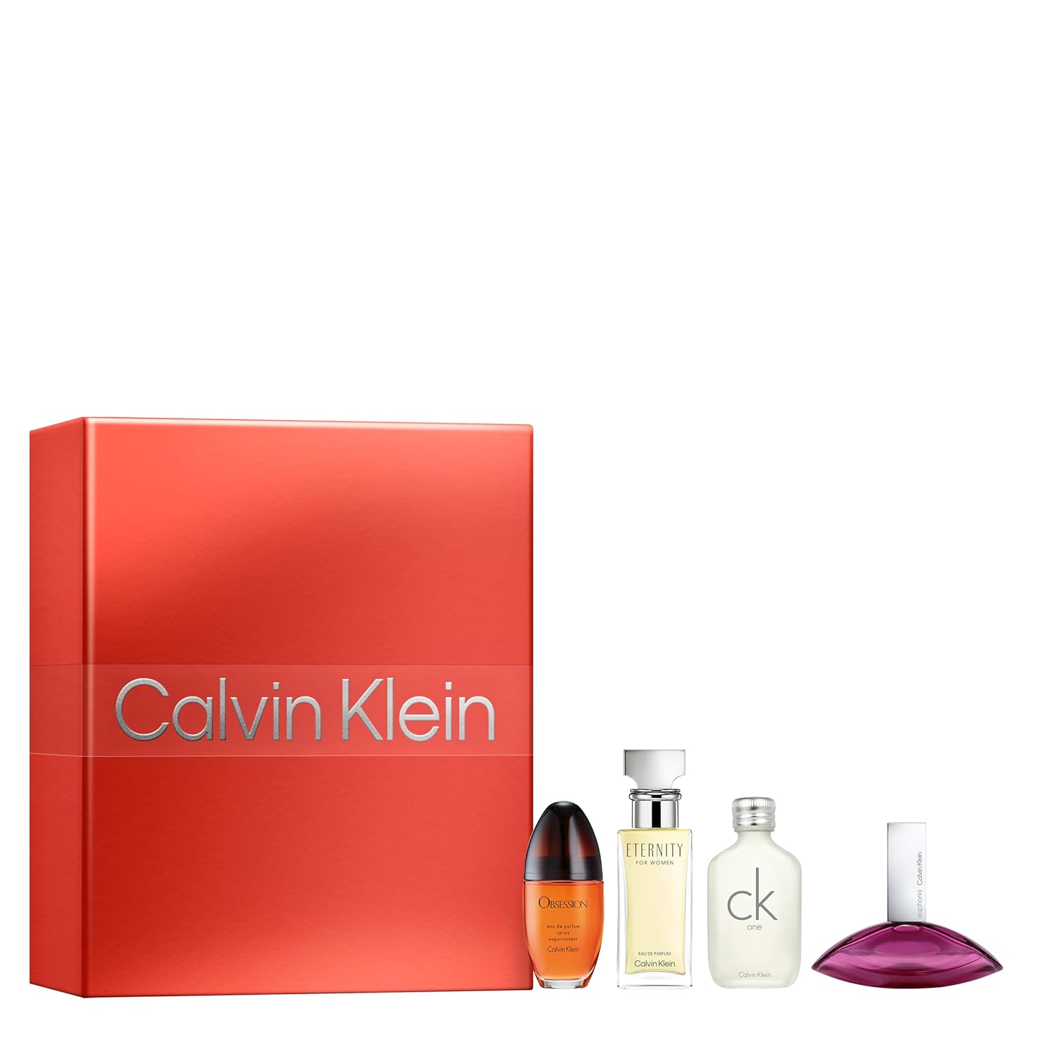 Calvin Klein Women's Multiline Travel Size Perfume Holiday Giftset 4-pc Set - Includes 0.5 fl oz Eternity, Euphoria, Obsession, and CK One - Discovery Size Perfume for Women