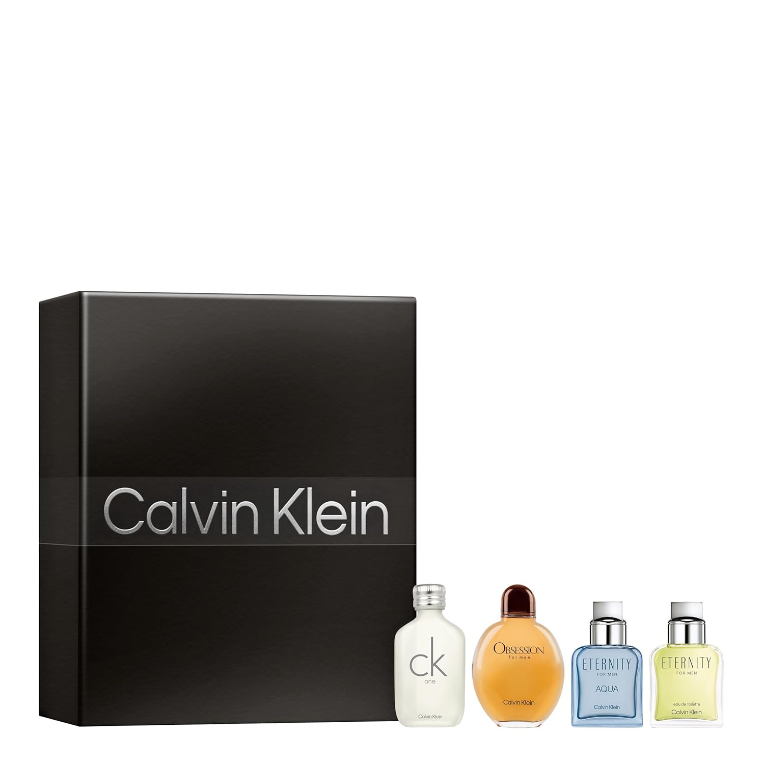 Calvin Klein Men's Multiline Travel Size Eau de Toilette Holiday Giftset 4-pc Set - Includes 0.5 fl oz each of Eternity, Eternity Aqua, Obsession, and CK One - Discovery Size Fragrance for Men