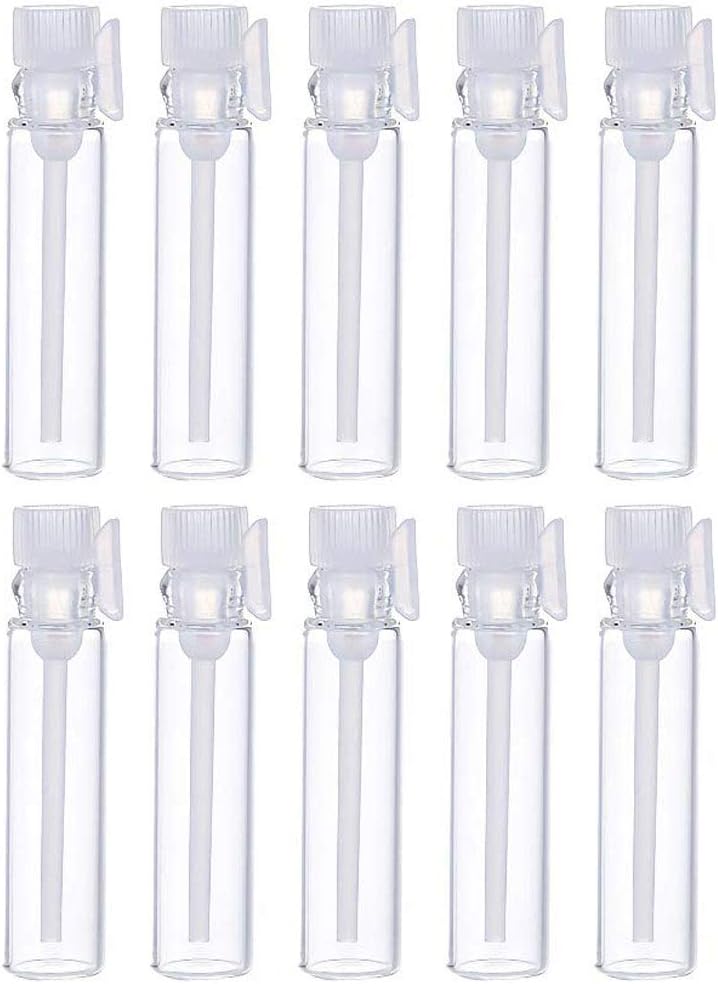 Teensery 100 Pcs Empty Perfume Sample Bottles Mini Glass Refillable Sample Vial Containers with Clear Cap for Aromatherapy, Essential Oil, Fragrance and Liquid (1ml)