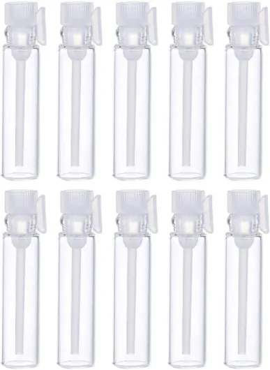 Teensery 100 Pcs Empty Perfume Sample Bottles Mini Glass Refillable Sample Vial Containers with Clear Cap for Aromatherapy, Essential Oil, Fragrance and Liquid (1ml)