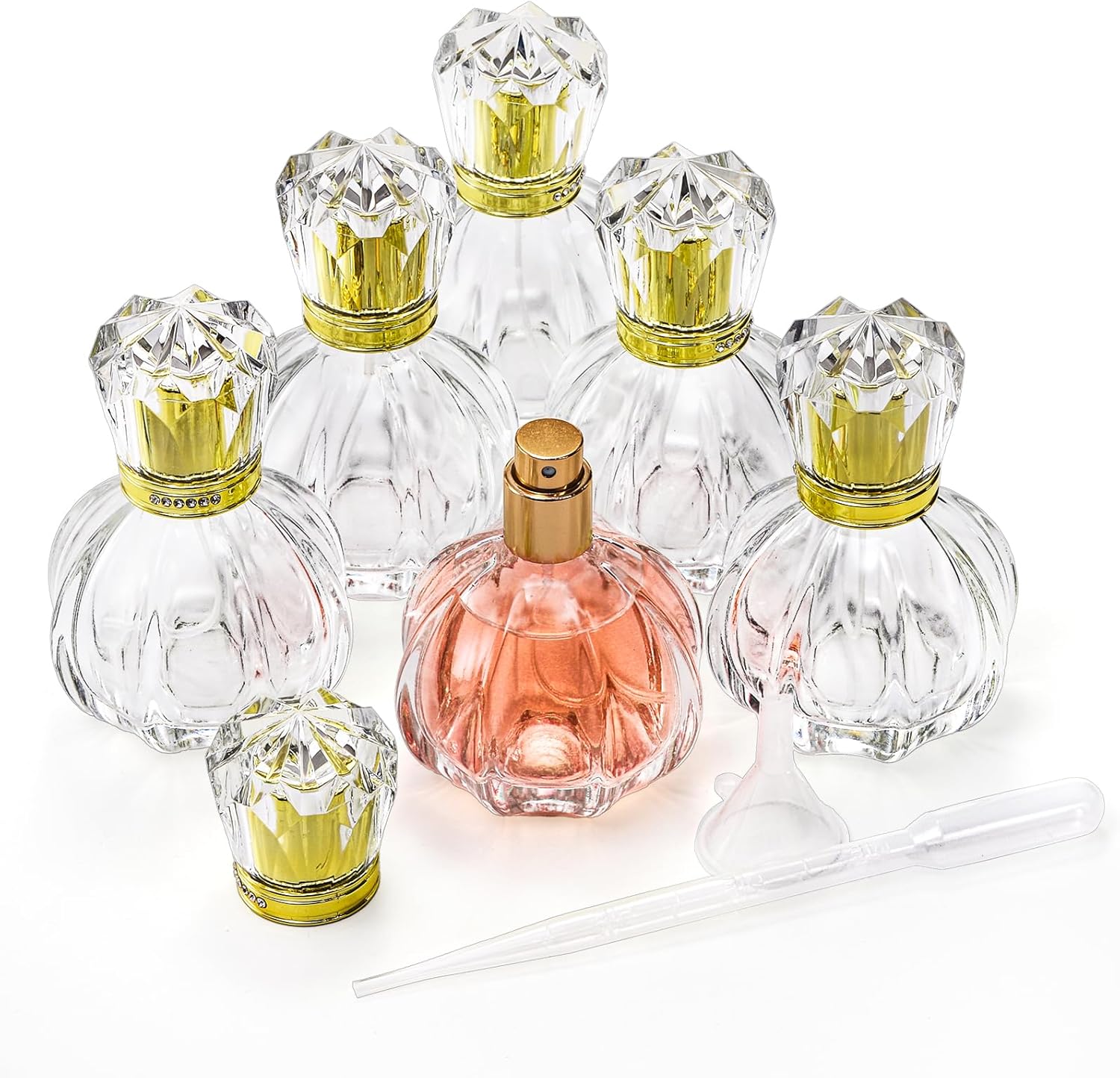 6 Pack 50ML / 1.7oz Glass Spray Bottles Pumpkin Shape Refillable Fine Mist Spray Perfume Bottle, Empty Crystal Glass Fragrance Atomizer Bottle with Droppers and Funnels