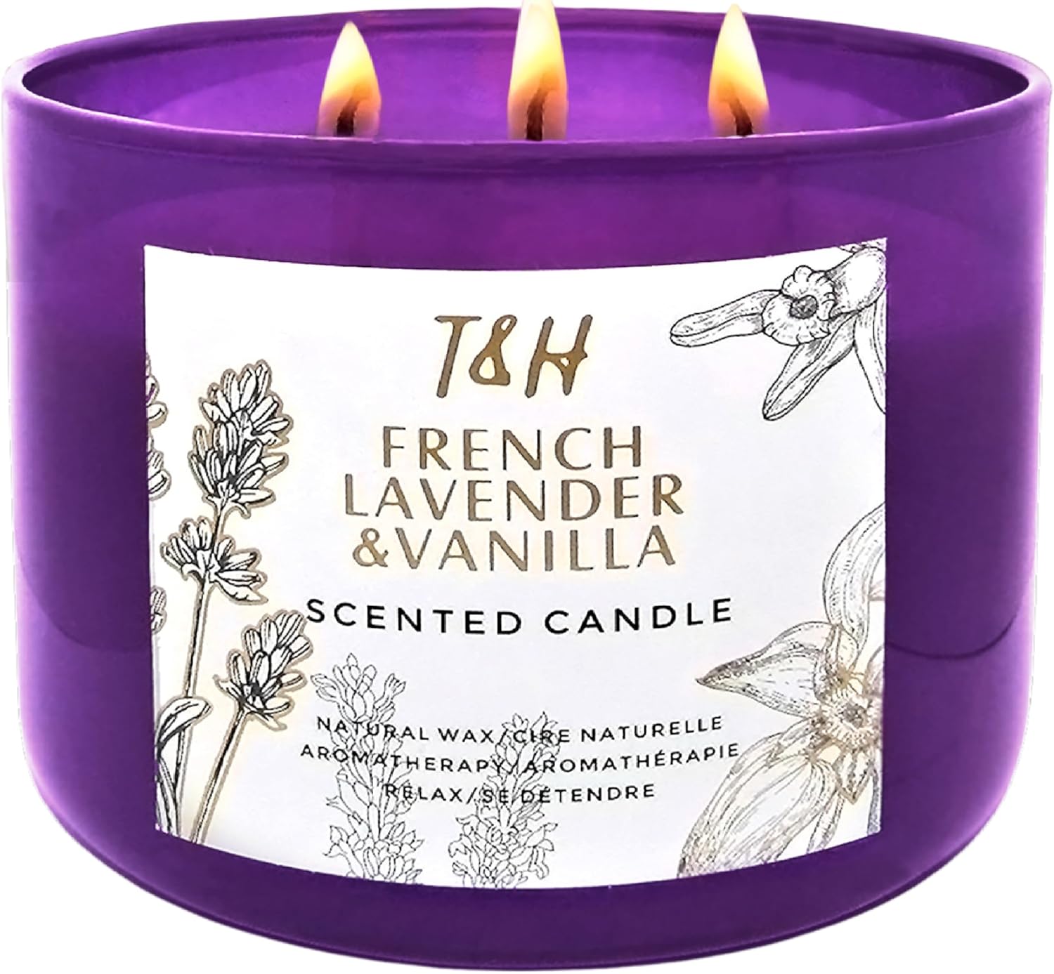 Lavender Vanilla Aromatherapy Candle 3 Wick - Scented Candles for Home - 15.8 oz Large Soy Candle - Relaxing Candles with Long Lasting Fragrance - Decorative Candle Gift for Women