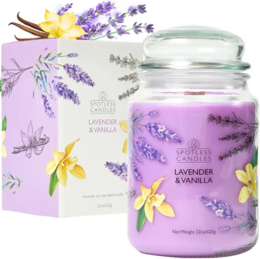 Vanilla & Lavender Candle 22oz Glass Jar with Wooden Wick in a Decorated Jar Within a Presentation Gift Box and Protective Shipping Box Vanilla Lavender 22 22oz