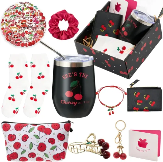 Landical 59 Pcs Cherry Gift for Women Include Tumbler Mug Makeup Bag Sock Bracelet Scrunchie Greeting Card Cherry Stickers in Box for Christmas Holiday Gifts Filling Red Cherry