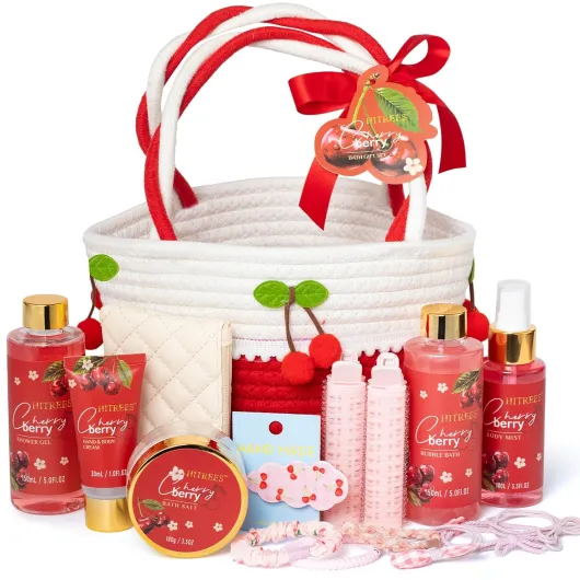Spa Gifts for Women, Cherry & Berry Spa Gift Set for Teenage Tote Bag, Shower Gel, Hand & Body Lotion, Hitrees Birthday for Best Friend Woman, Mom, Mothers Day,Christmas Gift for Women Cherry & Berry scents