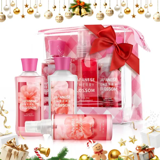 Bath Gift for Women and Girls, Japanese Cherry Blossom Spa Set With Natural Extracts, 3PCS Set - Shower Gel, Lotion, Mist, Personal Self Care Kit, Body Care Travel Set