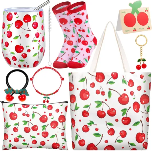 Cherry Gifts for Women Coquette Cherry Party Favors Basket with 12 oz Tumbler Stainless Steel Insulation Tumbler Cosmetic Bag Fuzzy Socks Keychain Gifts for Christmas Birthday Holiday
