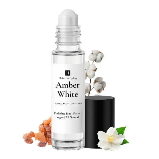 Amber White Type Fragrance Oil – 1/3 oz Glass Roll-On Bottle - Alcohol-Free & DPG-Free Perfume Oil for Body & Travel by Halal Everyday