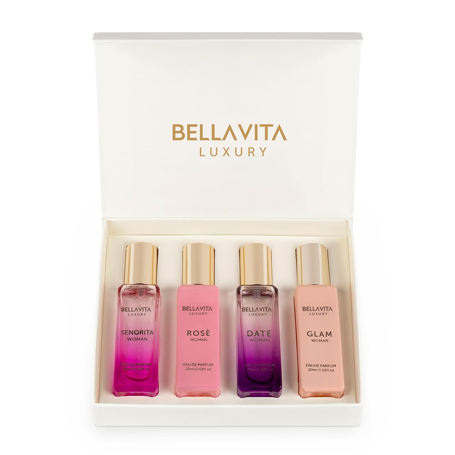 BellaVita Luxury Women's Perfume Gift Set (4x20ml) - Notes of Floral, Sweet, Spicey Red Fruit, Vanilla & Musk - DATE, SENORITA, GLAM & ROSE - French Parfum Collection Gift Set
