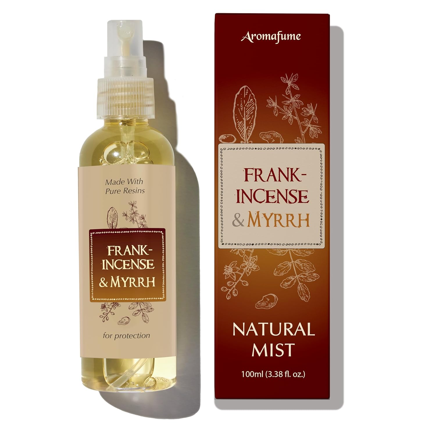 Frankincense & Myrrha Natural Resin Mist Spray by Aromafume - 100 ml / 3.3oz - Ideal for deep relaxation, spirituality & rituals - Made with Pure Resin from Somalia - Non-alcoholic, non-toxic & vegan Frankincense + Myrrh